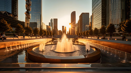 Fountain in the center of Chicago at sunset, Illinois, USAの素材