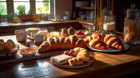 Breakfast with coffee and croissants on table in morning lightの素材