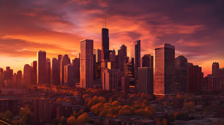 Cityscape of the city at sunset. 3d render illustration.の素材