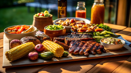 Grilled meat and vegetables on a wooden table in a restaurant.の素材