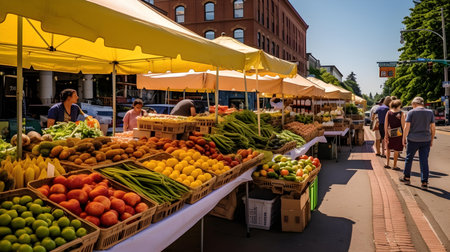 People shopping at a farmers market in Brooklyn, New York.の素材