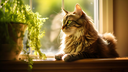 Siberian cat on the windowsill in the rays of the morning sunの素材