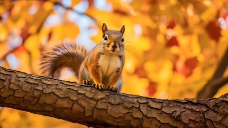 Squirrel on a tree branch in the autumn forest. Autumn backgroundの素材
