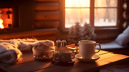 Two cups of hot drink with marshmallow on wooden table near fireplaceの素材