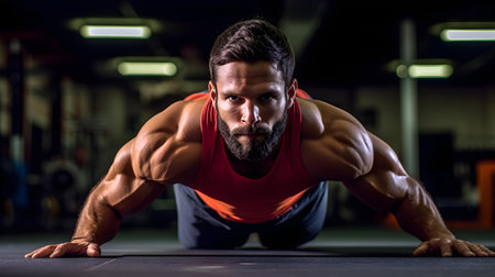 Portrait Of A Young Physically Fit Man Doing Push Ups As Part Of Bodybuilding Trainingの素材