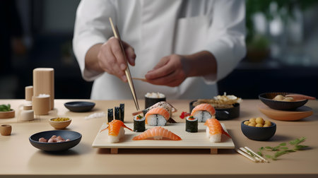 Man decorating sushi rolls with chopsticks in restaurant, closeupの素材