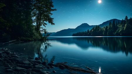 Mountain lake at night with moon and stars in the sky.の素材