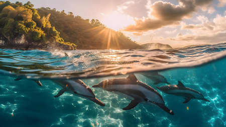 Dolphins jumping out of the water at sunset, Seychellesの素材