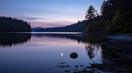 Mountain lake in the evening with reflection of trees in water.の素材
