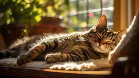 Siberian cat sleeping on the windowsill in the morning.の素材