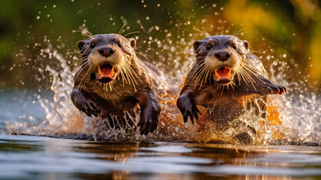 Two Asian small-clawed otters fighting in the water, nature seriesの素材