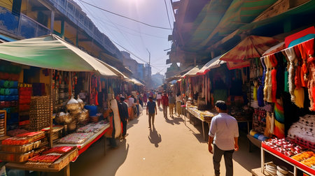 View of unknowns Nepali people walking in Thamel street in Kathmandu in the morningの素材