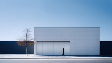 Businessman standing in front of a warehouse with a tree in the foregroundの素材