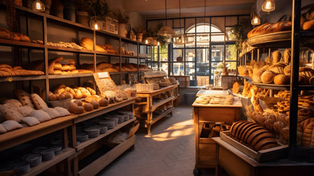 Bakery shop interior with bread and rolls on shelves. Bakery conceptの素材