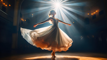 Beautiful ballerina in a white dress dancing in the theaterの素材