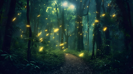 Mystical foggy forest with glowing lights and path. 3D renderingの素材