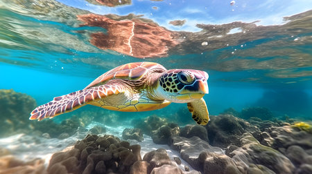Hawaiian Green Sea Turtle (Eretmochelys imbricata) swimming underwater in the Red Sea.の素材