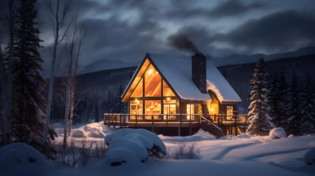 Wooden house in the winter forest. Evening in the mountains.の素材