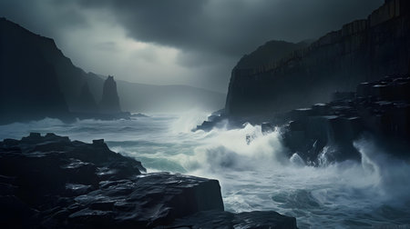 Fantasy landscape with stormy ocean and rocks. 3d renderingの素材
