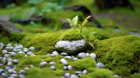 Green fern growing on rock in the garden. Nature concept.の素材