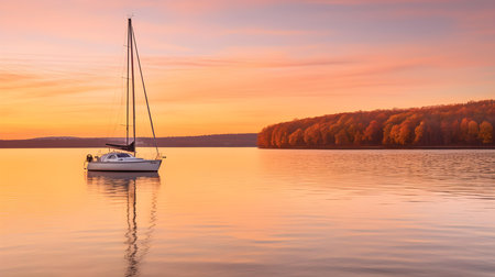 Sailboat on the lake at sunset. Beautiful autumn landscape.の素材