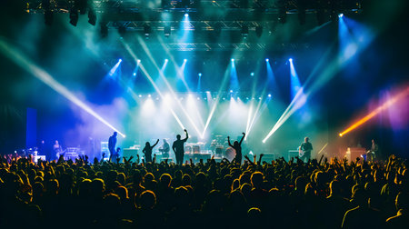 Crowd of people at a concert in front of bright stage lightsの素材