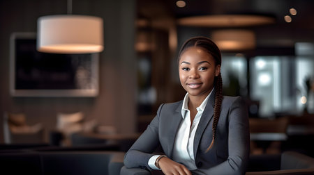 african american businesswoman in suit at hotel lobby looking at cameraの素材