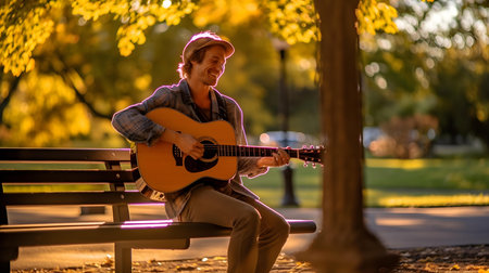 Handsome young man playing guitar in the park at sunset.の素材