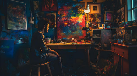 Artist painting on canvas with oil paints in his studio. Art conceptの素材