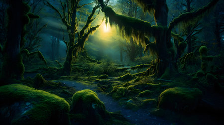 Fantasy dark forest with fog and light in the morning. 3d renderingの素材