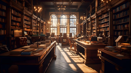 Interior of an old library with a lot of books on the shelvesの素材