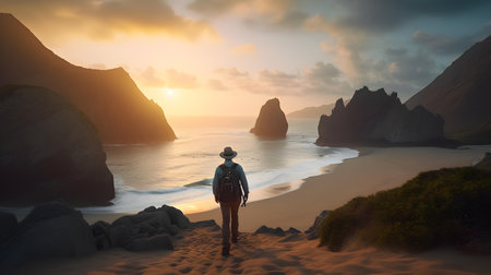 Traveler with backpack walking on the beach at sunset. 3d renderingの素材