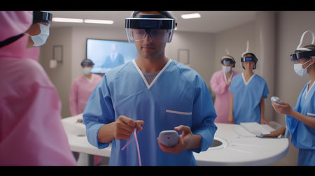Surgeons using virtual reality headset in operating room at hospital during surgeryの素材