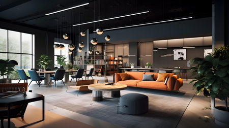 Interior of modern office waiting room with black walls, concrete floor, orange sofa and coffee table. 3d renderingの素材