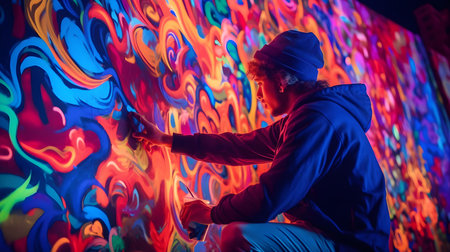 Young hipster man in a hat and a hoodie is playing on a colorful backgroundの素材