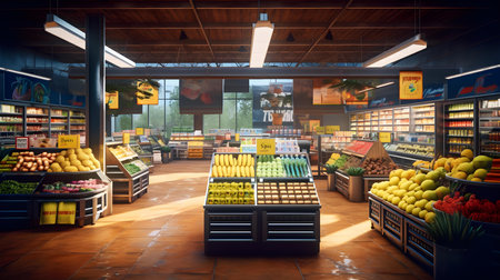 Supermarket interior with fruits and vegetables, 3d rendering. Computer digital drawing.の素材