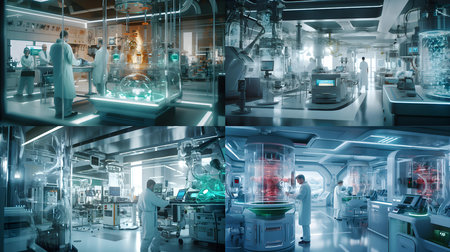 Science laboratory interior with equipment and science experiments. 3D renderingの素材