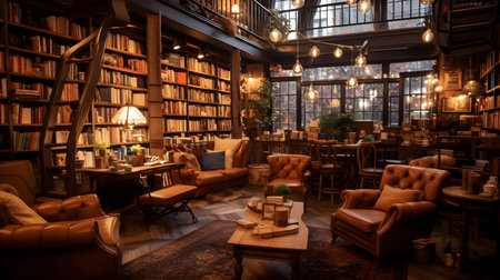 Luxury interior of an old fashioned pub with bookshelvesの素材