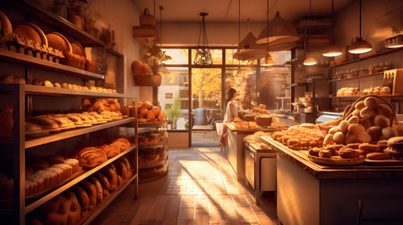 Baker in bakery shop with assortment of breads and croissantsの素材