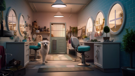 Dog in the beauty salon. Dog in the interior of the beauty salon.の素材