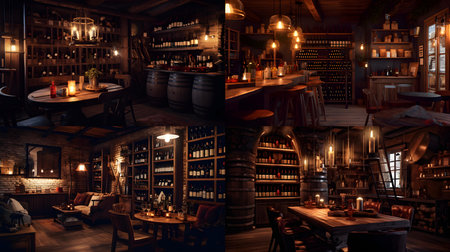 Vintage interior of wine cellar with wine bottles, wine glasses and wooden tables.の素材