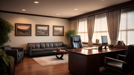 3d render of a modern office interior with a leather sofa.の素材