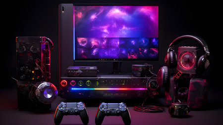 Video game console and gaming accessories on black background. 3d renderingの素材