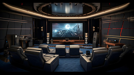 3D rendering of a futuristic cinema interior with seats and lighting.の素材