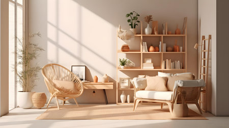 Interior of modern living room with bookshelf and armchair, 3d renderの素材