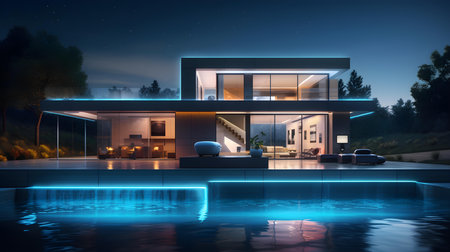 3d rendering of modern cozy house with pool and parking for sale or rent in luxurious style and beautiful landscaping on background. Clear summer night with stars on the sky.の素材