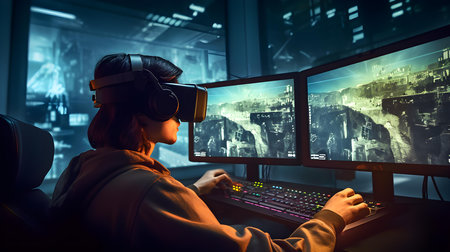 Female gamer in virtual reality headset playing video games at night. Mixed mediaの素材