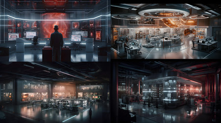3d rendering of a cyberpunk room with a futuristic interior.の素材