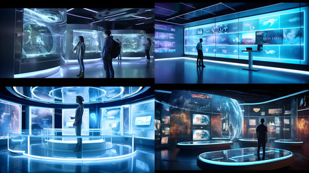 Collage of business people in front of virtual screens. 3D renderingの素材