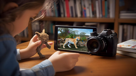 Little girl using a digital tablet to take a photo of a tigerの素材
